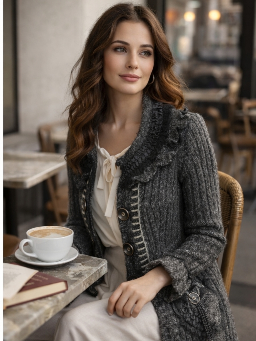 Romantic Knit Cardigan Charcoal Gray Ruffle Trim Vintage Style Button Front Size - Picture 5 of 14